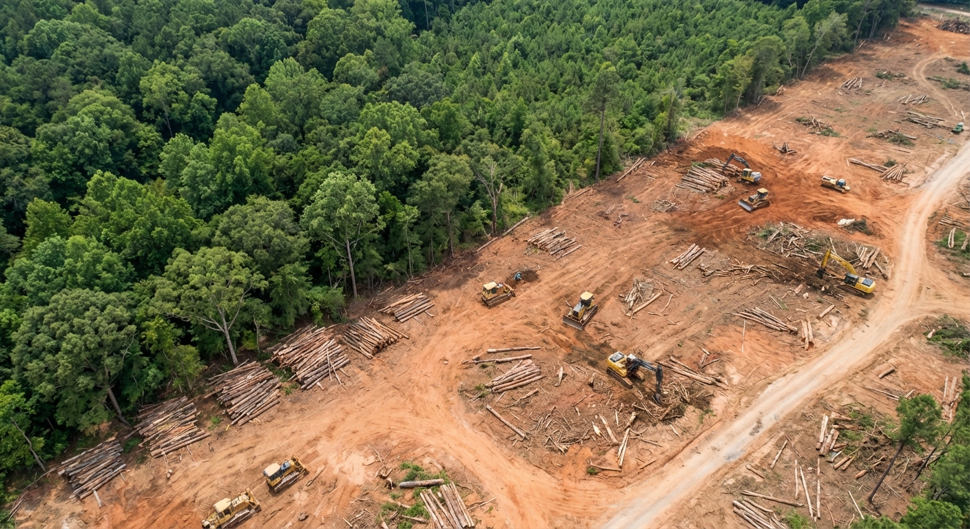 Land clearing operation removing brush and trees from a development site