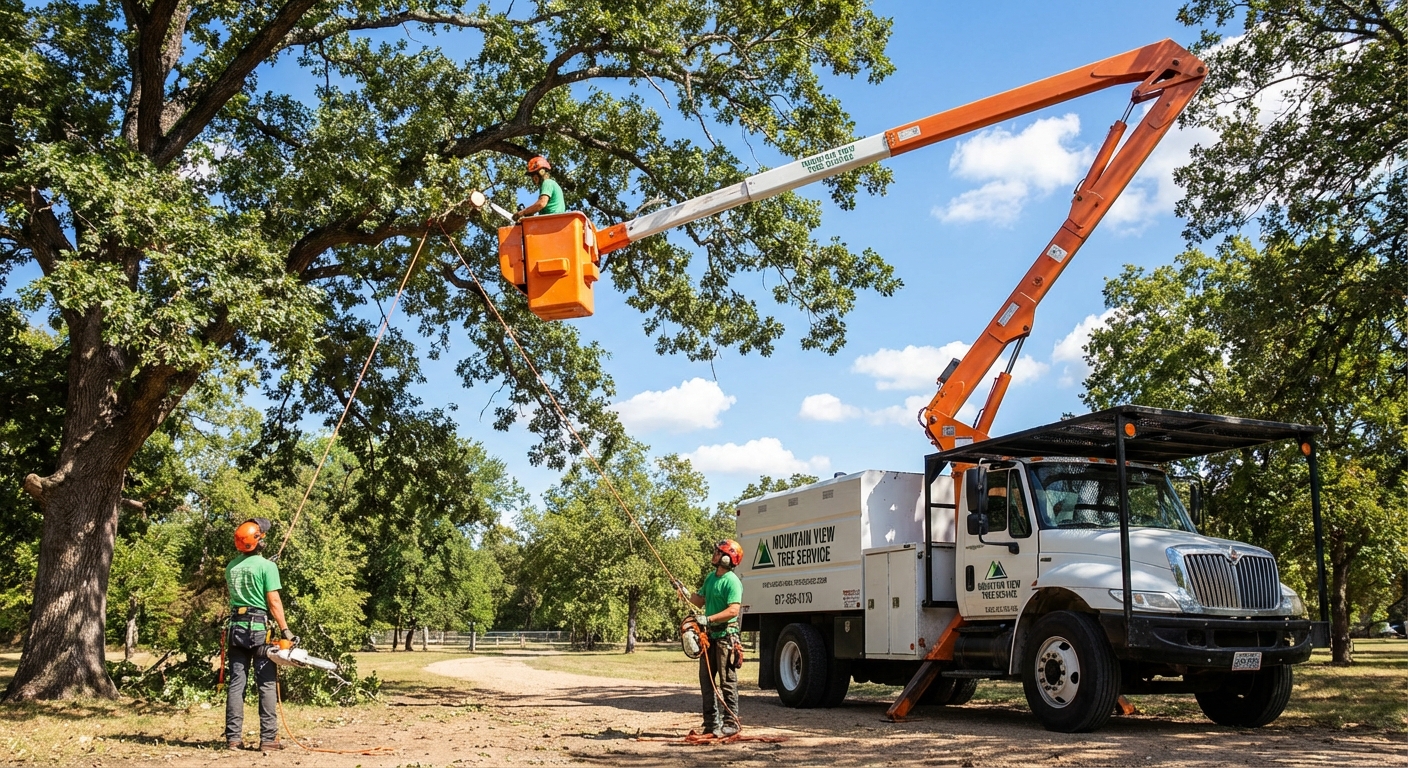 Tree service crew removing a large tree
